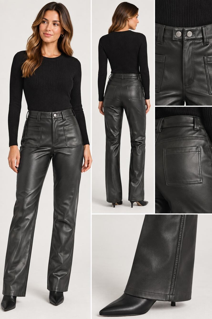Vintage B.B. Collections Size 16 Black Faux Leather High Rise Straight Leg Pants